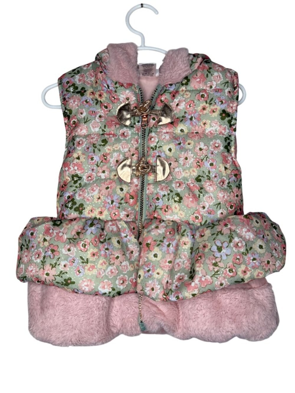 Little Lass Girls 5 Floral Puffer Vest Pink Faux Fur Hood Cottagecore Garden